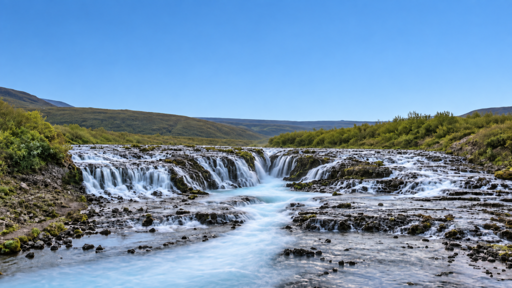 Turquoise waterval Bruarfoss in een smalle kloof in IJsland, gezien vanaf de brug